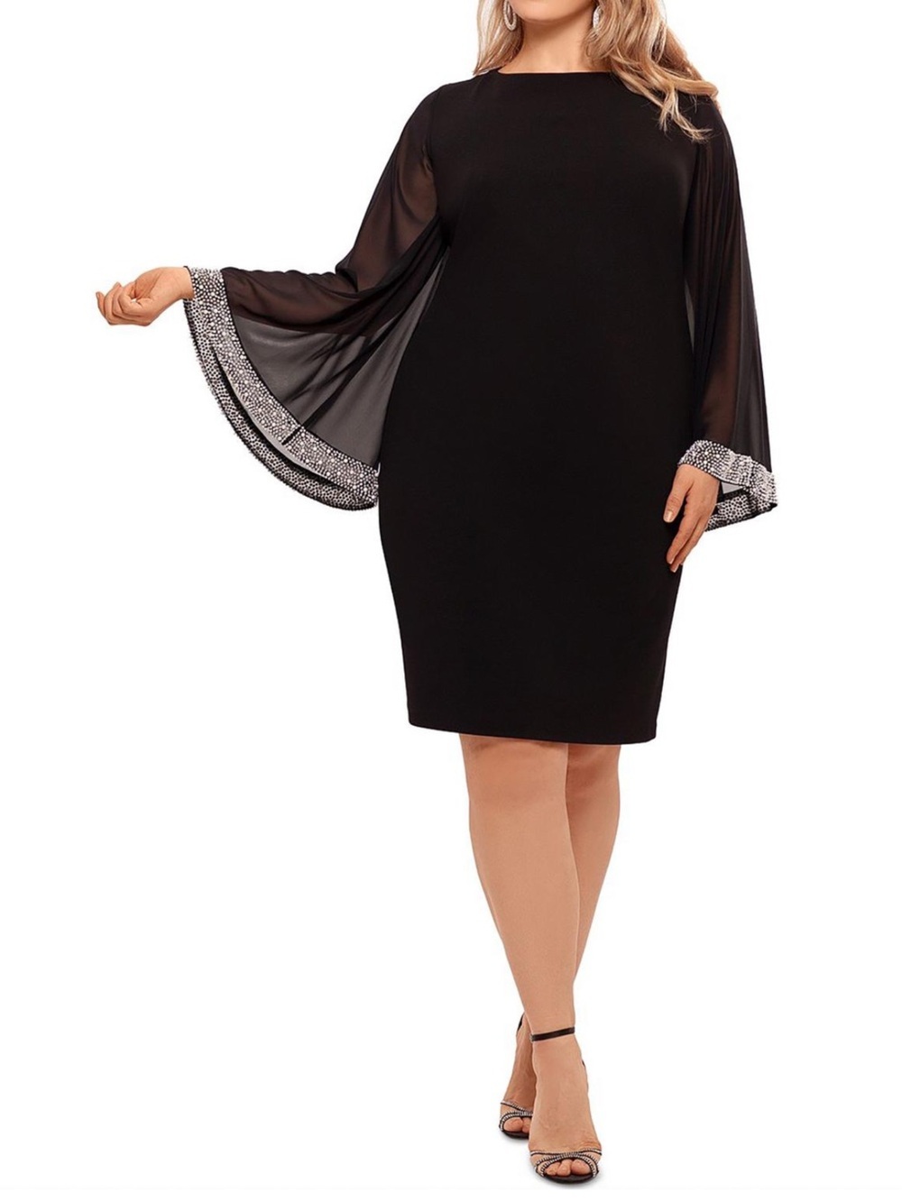 Xscape Black Sheath Dress with Rhinestone-Trim Bell Sleeves
